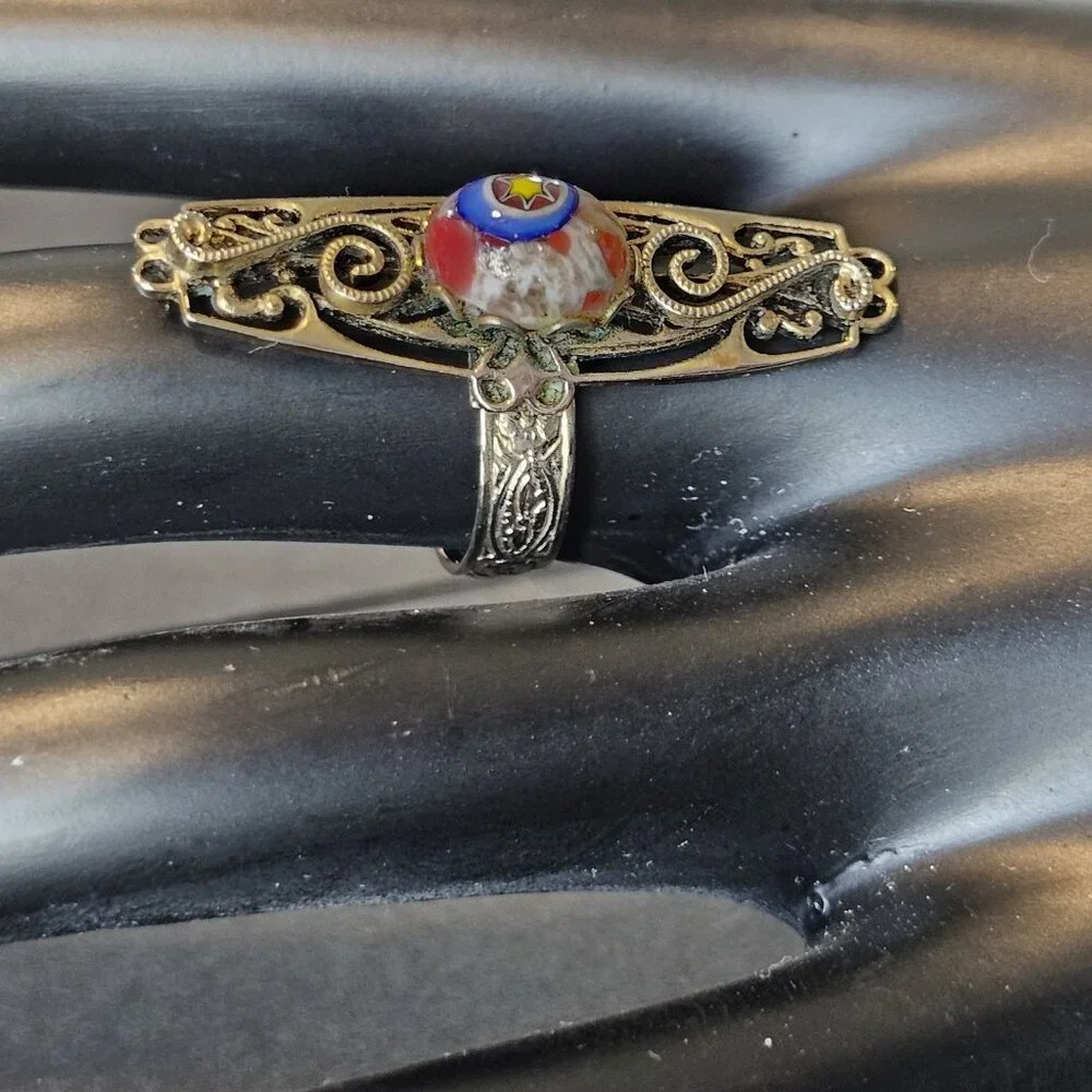 VTG 1960s Star Millefiori Glass Cabochon Ring Adjustable Made In Italy‎ Red Blue